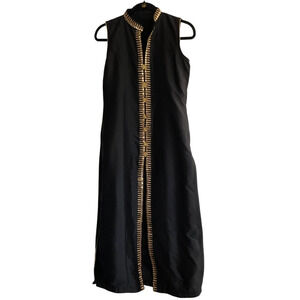 Black Sleeveless Kurta Sherwani Gold Embroidery Mandarin Collar Side Slits Med